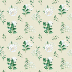 Seamless pattern with white roses, gypsophila, pistachio and olive branches. Rustic style. Watercolor illustration. Can be used for wedding prints, gift wrapping paper, backgrounds for Valentine's day