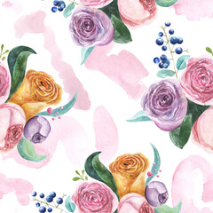 Abstract seamless watercolor pattern with flowers roses peonies and blue berries illustration