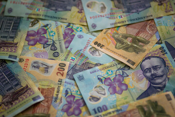 American cash,  UK pound, Euro, ron lei romanian banknotes money  dollar bills  UK pound background financial concept cash close-up.