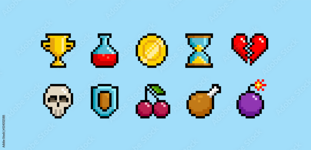 Poster 8 bit icons for retro computer game design. arcade game asset collection. pixel game loot and items.