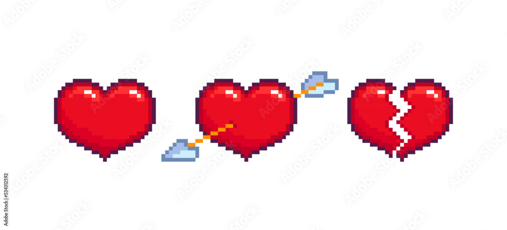 Poster 8-bit pixel art hearts with arrow - editable vector. pixel hearts in retro computer game style. pixi