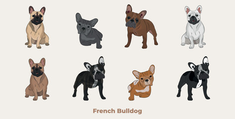 French bulldog breed, dog pedigree drawing. Cute dog characters in various poses, designs for prints adorable and cute Bulldog cartoon vector set, in different poses. All popular colors.