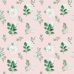 Seamless pattern with white roses, gypsophila, pistachio and olive branches. Vintage style. Watercolor illustration. Can be used for wedding prints, gift wrapping paper, backgrounds for Valentine's