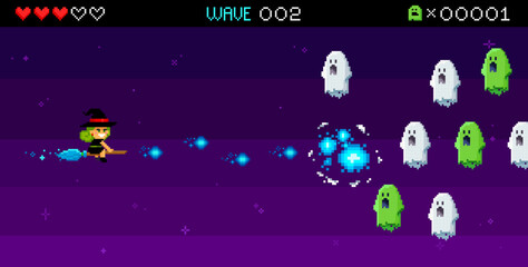 Halloween pixel retro game with funny Witch vs Ghost invaders. 8-bit Retro video game set. Pixilated Space arcade Holiday edition shooter vector template