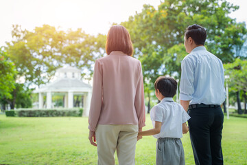 Parents take their children for a walk in the park,Happy family relationship concept,Relaxed lifestyle.