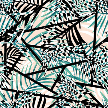 Abstract tropical flowers leaves seamless print repeat pattern background © SUPERHOLIK