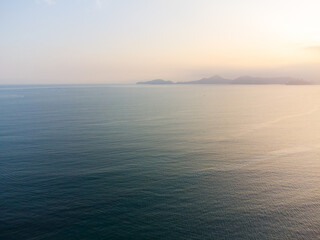 Aerial view of the beach of the city of Santos, Brazil. Beautiful landscape view at sunset