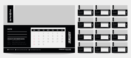 Fototapeta na wymiar 2023 calendar Week starts on Sunday Black Minimalist desk calendar 12 pages vector design template 