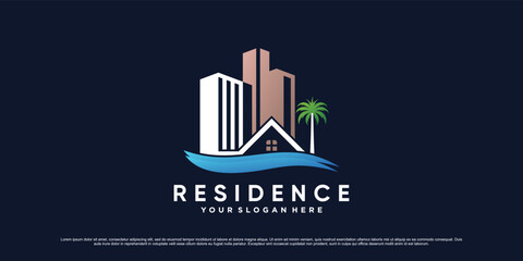 Fototapeta premium Real estate building logo design illustration with house icon and creative element concept