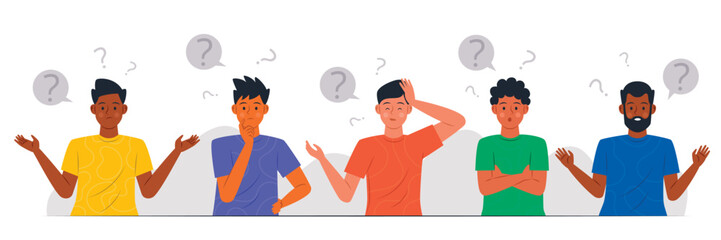 Flat different people asking questions collection. Vector illustration.