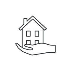 Fototapeta na wymiar Icon of a hand that holds a two-story house. A simple linear symbol of taking care of the house. Vector over white background.