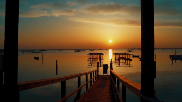 Sunset in Sacca di scardovari, Delta del Po, Comacchio lagoon, sunny day in Veneto, Emilia Romagna, Italy. Calm and peaceful concept and atmosphere. Sunset Rovigo sea	