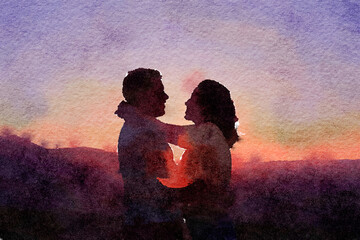 couple silhouette sunrise watercolour art