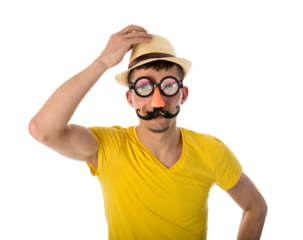 Man with carnival mask and hat isolated on transparent background