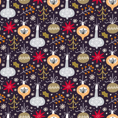 Festive background with Christmas balls, fir trees and poinsettia flowers. Vector seamless pattern.