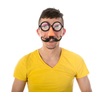 Man with funny carnival mask isolated on transparent background