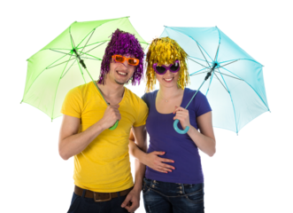 Couple with wigs, sunglasses and umbrellas isolated on transparent background