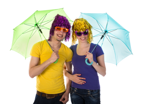 Couple with wigs, sunglasses and umbrellas isolated on transparent background