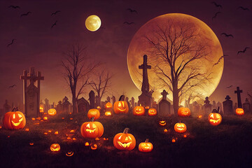 Fototapeta premium Halloween with pumpkins, bats and ghosts. 