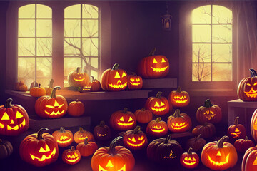 Halloween with pumpkins, bats and ghosts. 

