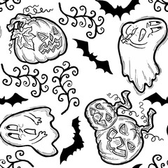Halloween seamless pattern with pumpkin, ghost, bat. Decoration for party celebration, fabric print. textile design, backdrop and background, wrapping paper, scrapbooking. Hand drawn cartoon character