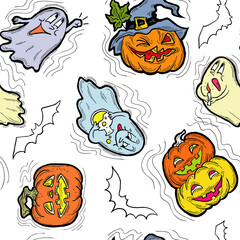 Halloween seamless pattern with pumpkin, ghost, bat. Decoration for party celebration, fabric print. textile design, backdrop and background, wrapping paper, scrapbooking. Hand drawn cartoon character