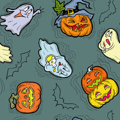 Halloween seamless pattern with pumpkin, ghost, bat. Decoration for party celebration, fabric print. textile design, backdrop and background, wrapping paper, scrapbooking. Hand drawn cartoon character