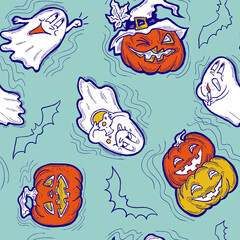Halloween seamless pattern with pumpkin, ghost, bat. Decoration for party celebration, fabric print. textile design, backdrop and background, wrapping paper, scrapbooking. Hand drawn cartoon character