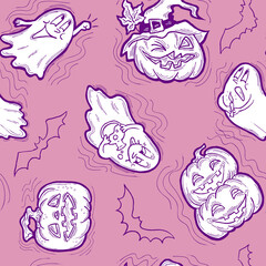 Halloween seamless pattern with pumpkin, ghost, bat. Decoration for party celebration, fabric print. textile design, backdrop and background, wrapping paper, scrapbooking. Hand drawn cartoon character