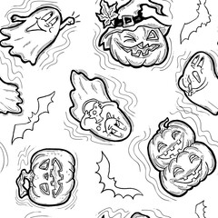 Halloween seamless pattern with pumpkin, ghost, bat. Decoration for party celebration, fabric print. textile design, backdrop and background, wrapping paper, scrapbooking. Hand drawn cartoon character