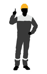 Silhouette of worker with a helmet. A worker shows one finger. Vector flat style illustration isolated on white. Full length view