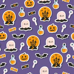 Vector Halloween pattern with sticker candy,grave,bat,Halloween pumpkin,castle,potion flask.Use for event invitation,discount voucher,advertising,greeting card,logo,packaging,textile,web.