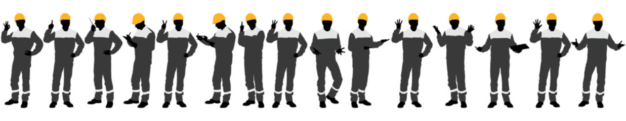 Silhouettes set of workers with helmets. Vector flat style illustration isolated on white