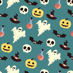 Vector Halloween pattern with ghost,bat,skull,Halloween pumpkin,witch hat,potion flask.Use for event invitation,discount voucher,advertising,greeting card,logo,packaging,textile,web