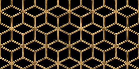 Seamless golden stacked geometric cubes pattern. Vintage abstract gold plated relief on dark black background. Modern elegant metallic luxury backdrop. Maximalist gilded wallpaper 3D rendering.