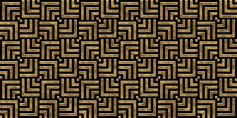Seamless golden Art Deco overlapping woven striped squares pattern. Vintage abstract geometric gold plated relief sculpture on dark black background. Elegant gilded luxury backdrop. 3D rendering.