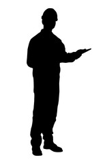 Silhouette of worker with a helmet. A worker points to the side. Vector flat style illustration isolated on white. Full length view