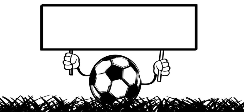 Cartoon soccer ball as stickman, stick figure man with banner. Vector supporters. For world wk, ek sport finale, sports game cup. Mascot character holding a blank or empty sign board.