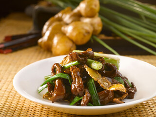 Venison with Spring Onion and Ginger served in a dish isolated on table side view
