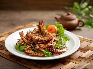 Wok Dancing Prawn served in a dish isolated on table side view