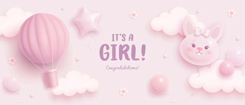 Fototapeta Baby shower horizontal banner with cartoon rabbit, hot air balloon, helium balloons and flowers on pink background. It's a girl. Vector illustration