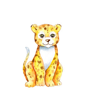 Hand painted watercolor exotic wild cat Leopard, isolated. Little cute cartoon Leopard - watercolor illustration. Hand draw watercolor monkey isolated.  Smiling monkey. African animals