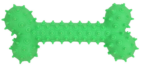 Spiny green dog bone pet toy good for teeth isolated on white background. Pet playing concept