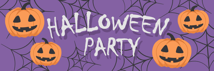 Vector Halloween horizontal banner with Halloween pumpkin,web,lettering.Use for event invitation,discount voucher,advertising,greeting card,logo,packaging,textile,web