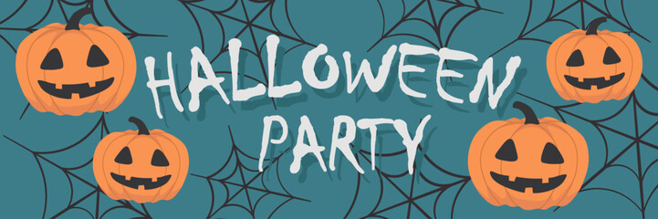 Vector Halloween horizontal banner with Halloween pumpkin,web,lettering.Use for event invitation,discount voucher,advertising,greeting card,logo,packaging,textile,web
