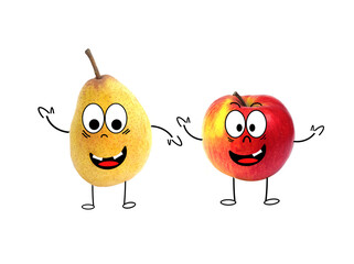 Obraz premium funny cartoon pear and apple isolated on white background. The concept of proper nutrition and vitamins