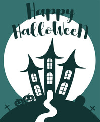 Vector Halloween banner with castle. Happy Halloween - modern lettering. Use for event invitation,discount voucher,advertising,greeting card,logo,packaging,textile,web