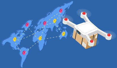 Copter delivers parcel worldwide anywhere in world, flying copter. Future technologies, quadrocopter, remote control, safe delivery service. Transportation of goods by air using modern flying