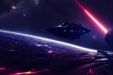 black starship guided to a nearby galaxy, digital illustration, generative ai