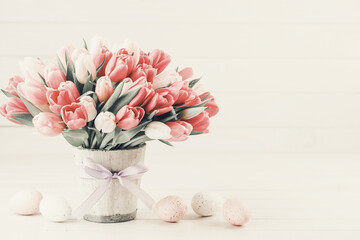 Pink tulip on the white background. Easter background - 534323147